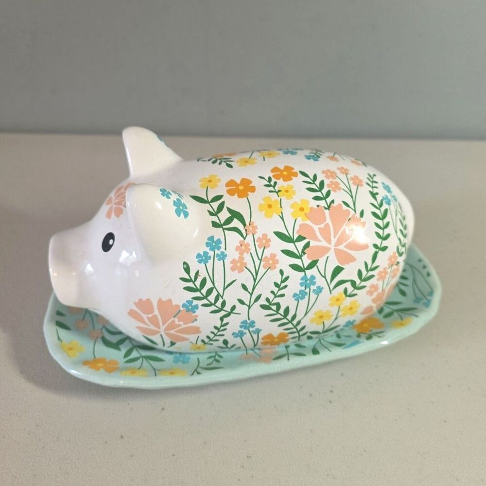 2 piece ceramic PIG BUTTER DISH country farmhouse flowers 8" x 4½" x 3½" Cpix